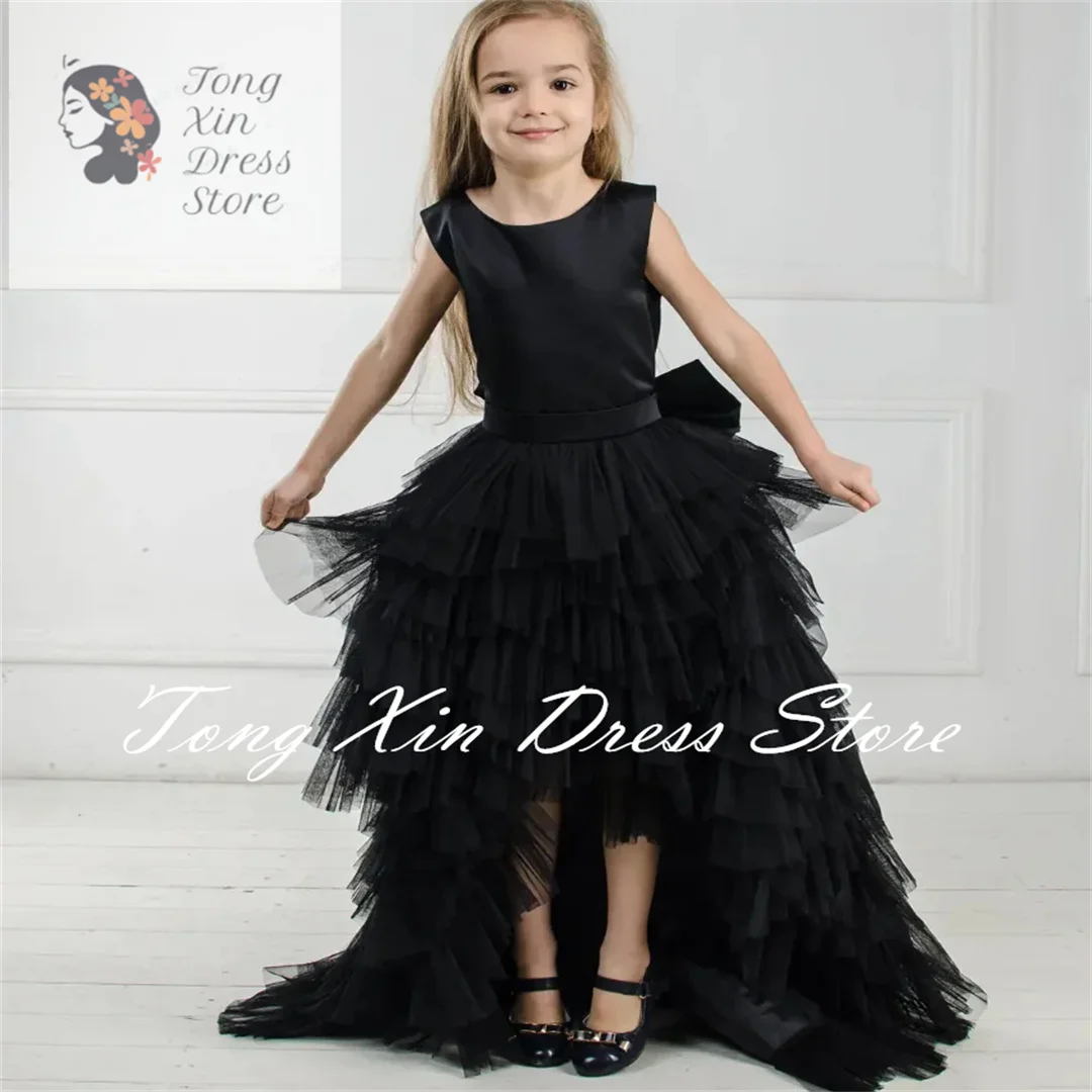 Customized Black Flower Girl Dress For Wedding V-back Layered Tulle Puffy With Bow Dress Princess Birthday Party Prom Gown