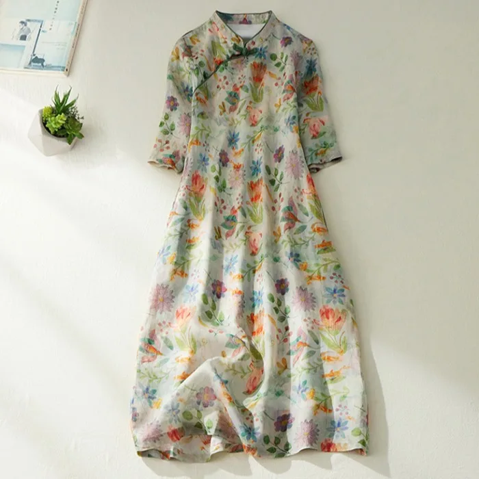 

Женская одежда большого размера с асимметричным принтом из хлопка и льна в стиле ретро, модифицированная женская одежда с воротником-стойкой f Sve Long Dr