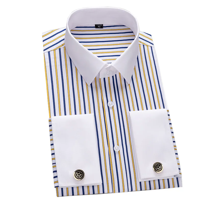 Camisa de hombre con puños franceses, rayas amarillas, manga larga, para vestir, con cuello blanco, edición coreana, corte ajustado