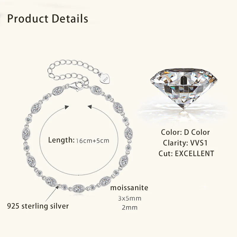 Lnkry Round/Oval Cut Moissanite Tennis Bracelet Original and Pure 925 Sterling Silver Adjustable Bracelet for Women Hand Jewelry