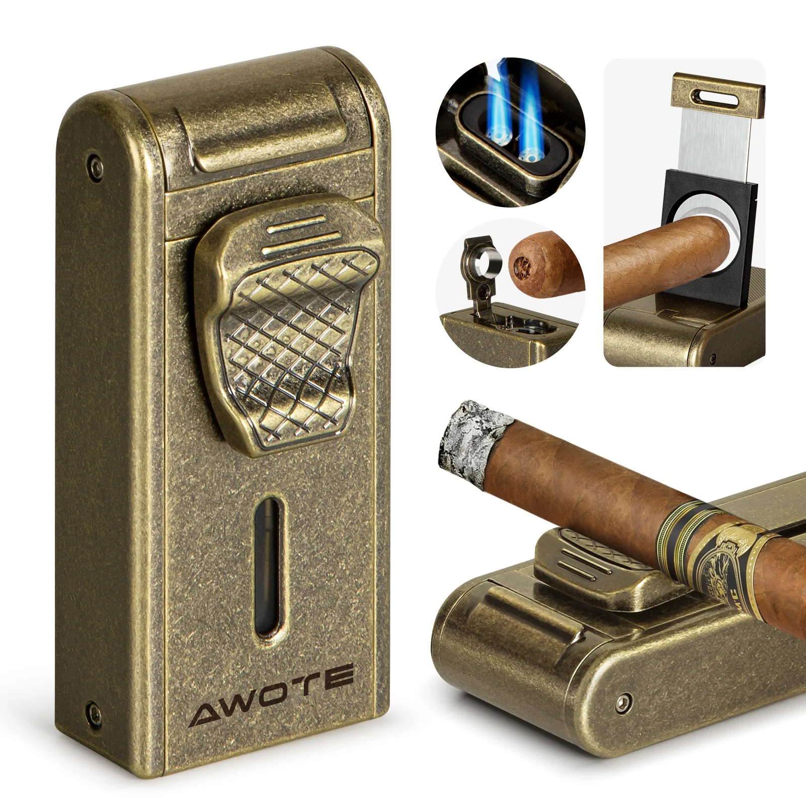 AWOTE 4 in 1 Cigar Lighter with Adjustable Jet Dual-Flame,Windproof Refillable Butane for Smoking,Cigar Gift for Men