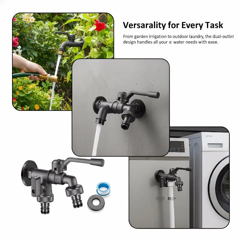 

Outdoor Freeze Proof Zinc Alloy Dual Outlet Garden Water Faucet G1/2 Quick-connect Nipples Balcony Frost Protection Tap
