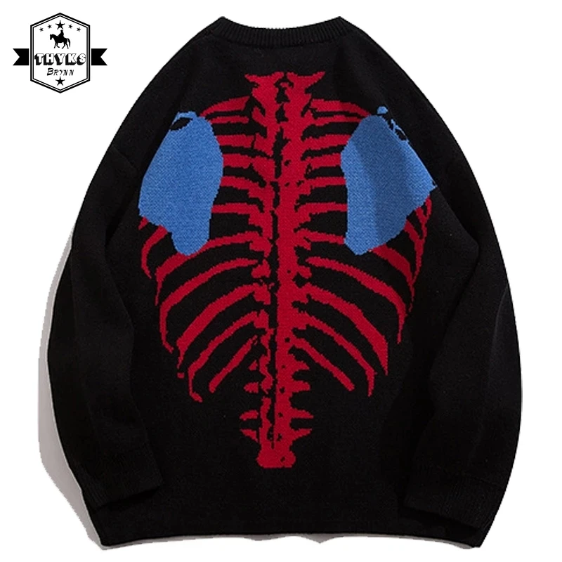 

Harajuku Knitted Sweater Men Skeleton Bone Graphic Pullovers Casual Thick O-Neck Christmas Oversized Sweater Streetwear Unisex