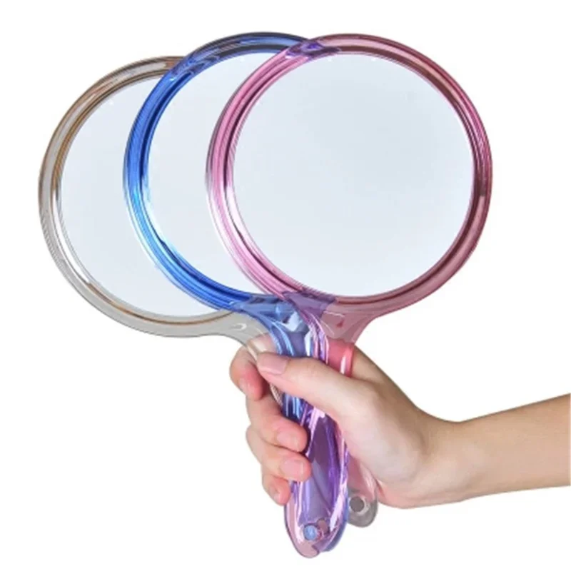 Double-Sided Handheld Mirror com alça, Arredondado Forma Maquiagem Mirror, Transparente Mão Espelho, 1x, 3x Ampliação