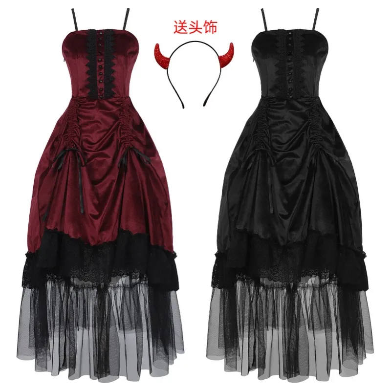 Vestido gótico victoriano para mujer, disfraz de Cosplay de duquesa de vampiro de corte de palacio Retro Medieval con diadema, vestido de Halloween
