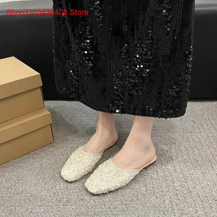Summer Sequins High-End Temperament Casual Flat Bottomed Cool Slippers Half Flip Flops Shoes for Women
