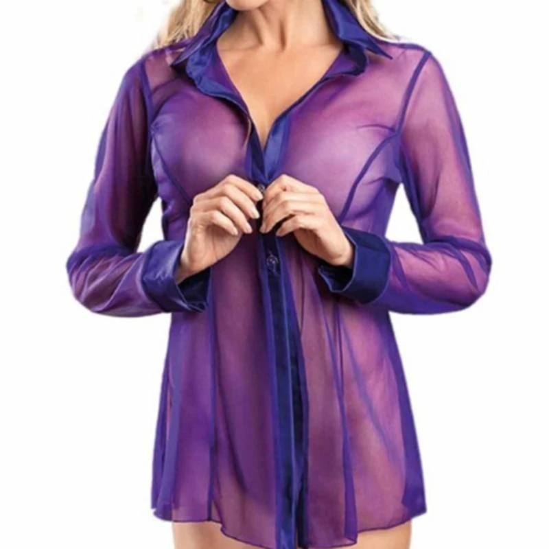 Sexy Lace Sleepwear Transparent Mesh Shirts Cardigans Women Erotic Nightdress Long Sleeve Lingerie Erotic Pajamas Short Dress