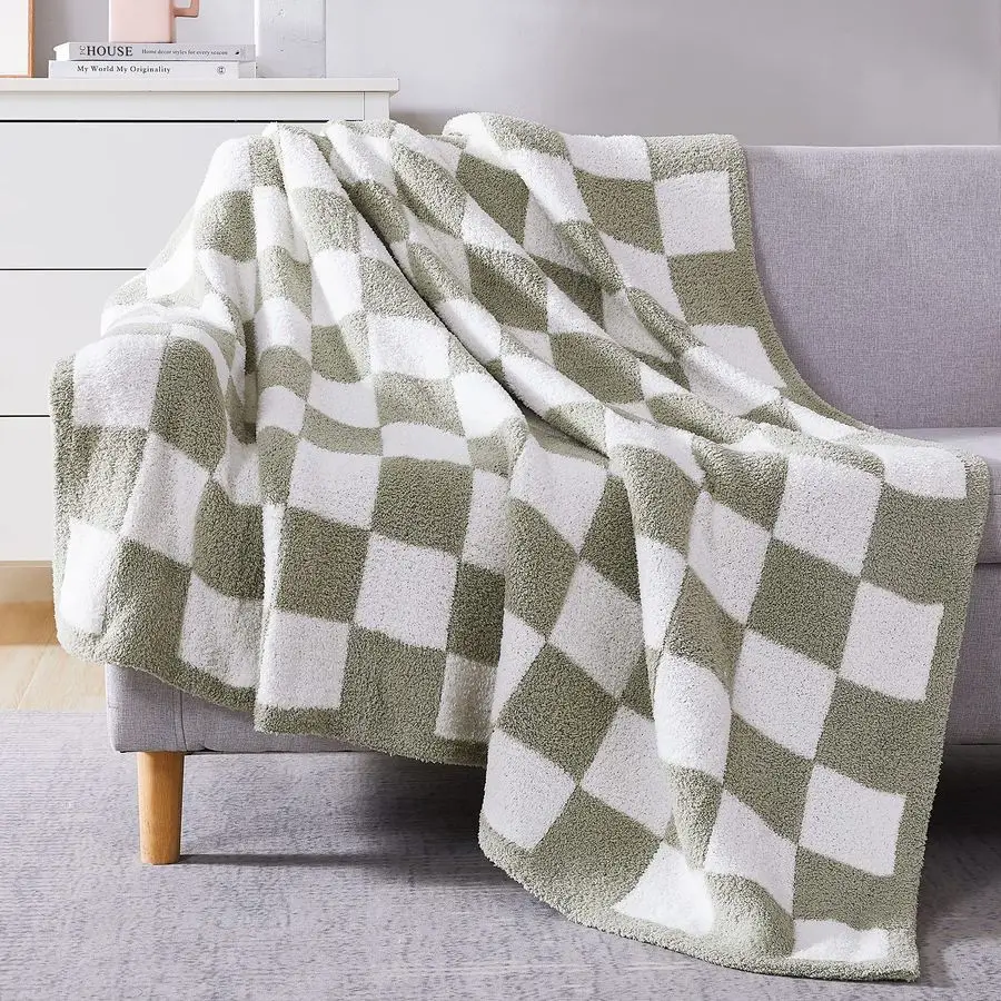 Checkered Throw Blanket, Sage Green Soft Cozy Fluffy Warm Hand Made Throw Blankets for Couch, Sofa, Chair, Bed, Camping, Picnic,