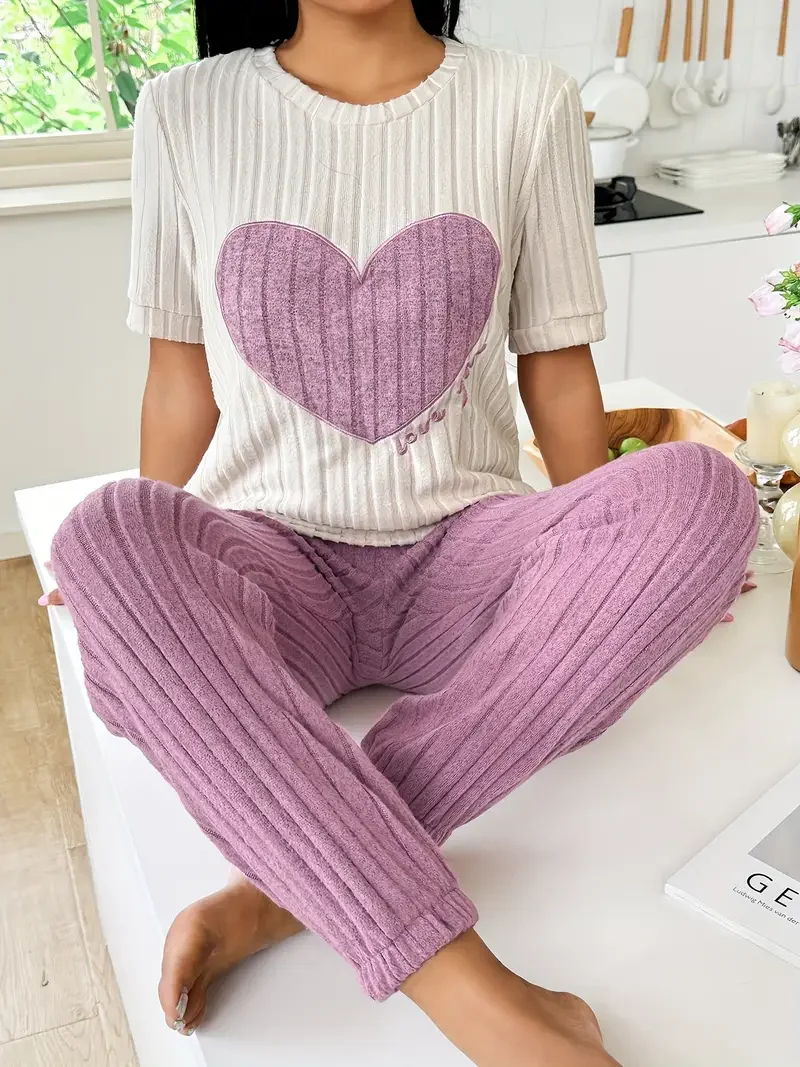 

Women Autumn Winter Sleepwear Cozy Heart & Letter Print Pajama Set Heart Print Short Sleeve T-shirt Long Pants Home Wear