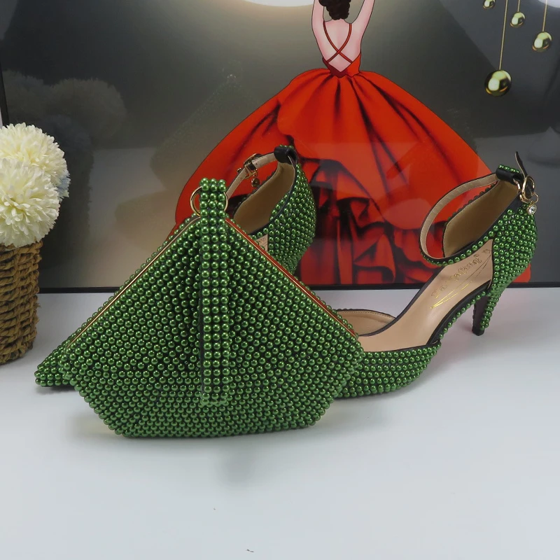 2023 New Arrival Olive Green Pearl Fashion Bridals Shoes bag Summer Sandals Woman Party High Heel Pointed Toe Sandals Female