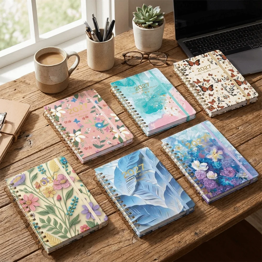 A5 2027 Planner Notebook Spiral Bound Floral Pattern Floral Spiral Notebook Portable Weekly & Monthly Planner A5 Agenda Book