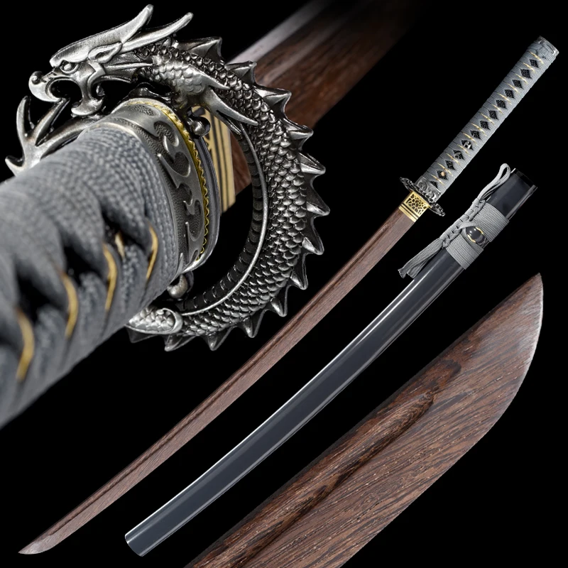 41 Inch Real Japanese Samurai Wooden Katana Style Cosplay Training Prop Silver Dragon Tsuba Decoration Full Size Can Custom