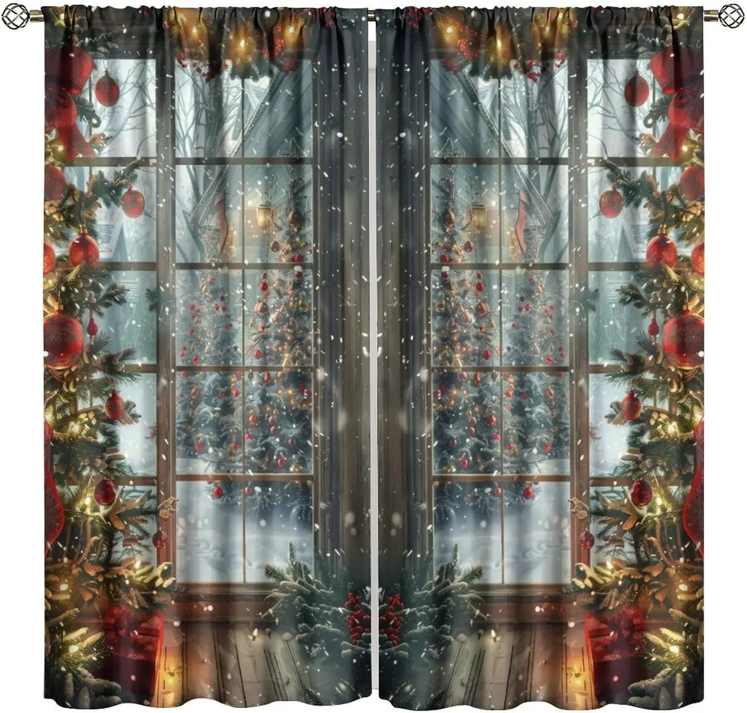 Merry Christmas Curtains with Snowflakes, Snow Scenery, Colorful Xmas Balls and Tree Print, Festive Drapes for Living Room