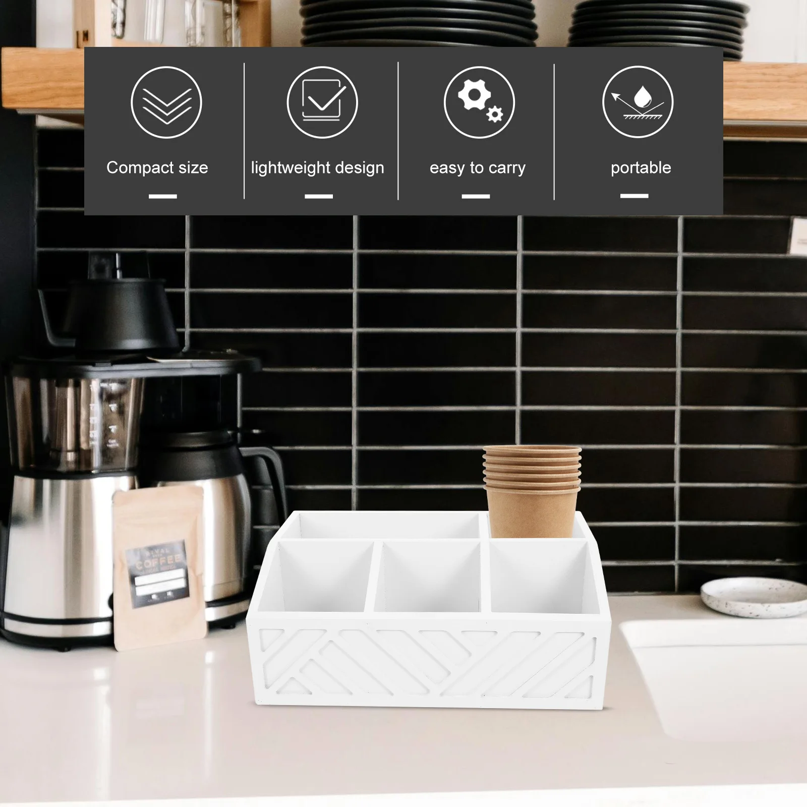 

Small Wood Box Tea Bag Storage Organizer Coffee Cup Lid Straw Sugar Bag Compartment Box for Homes Coffee Shops