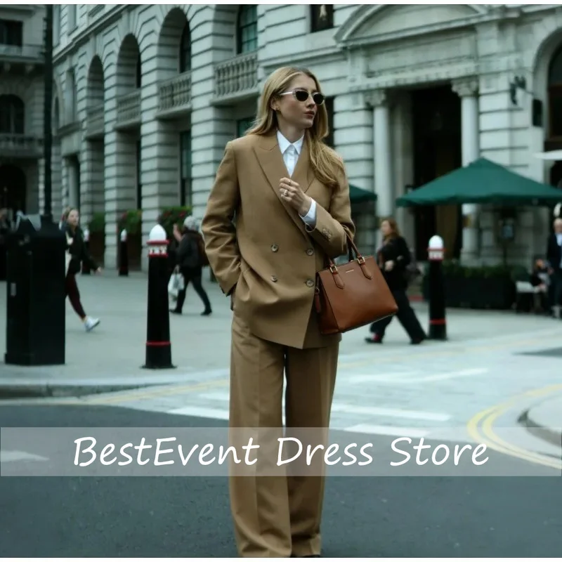 Charm Blazers and Suit Sets Khaki Double Breasted Wide Pants Set Peak Lapel Tailored Fit Office Formal Business Suit Customized