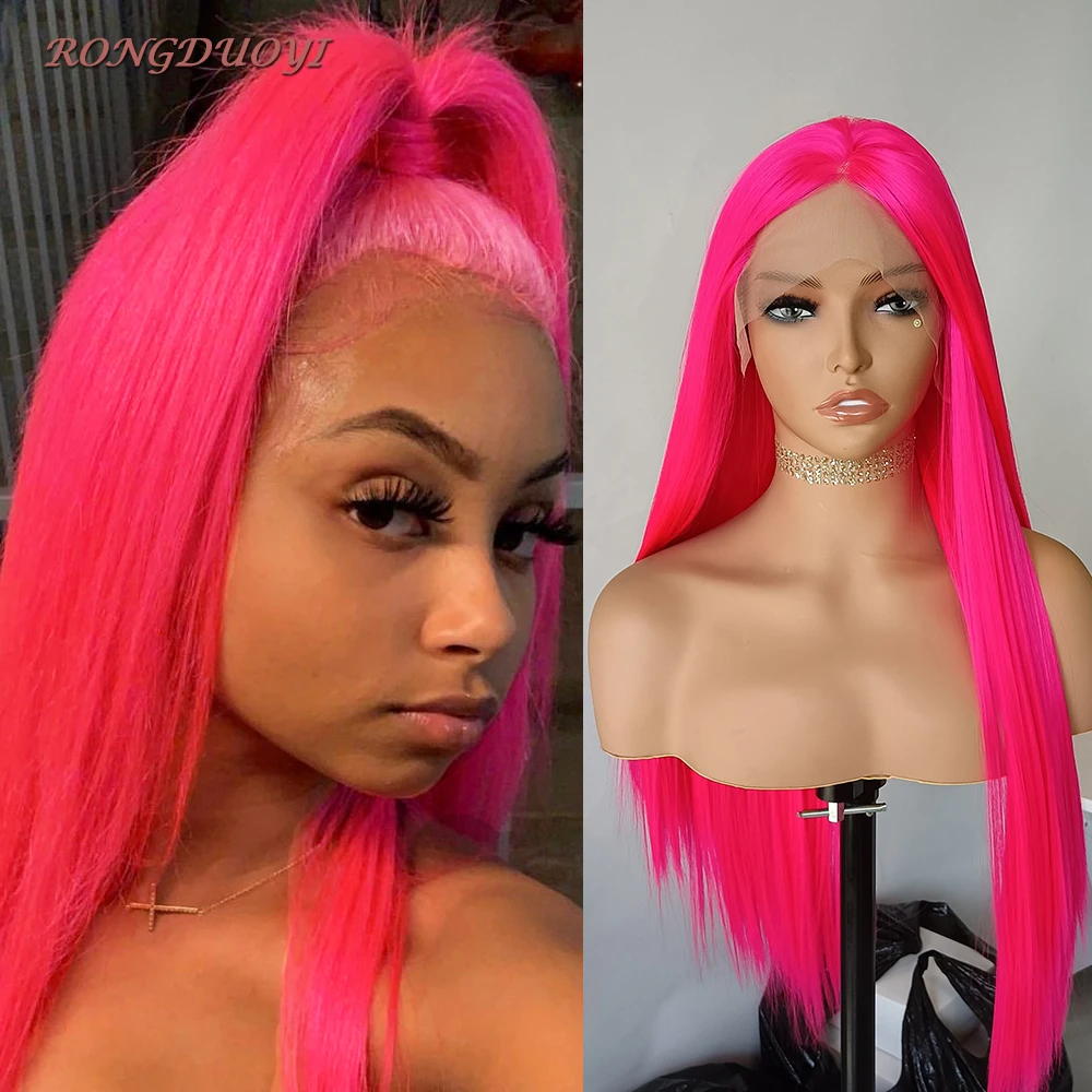 

RONGDUOYI Fluorescent Pink Long Syraight Wig For Women Synthetic Frontal Lace Wig Natural Hairline Middle Part Cosplay Animne