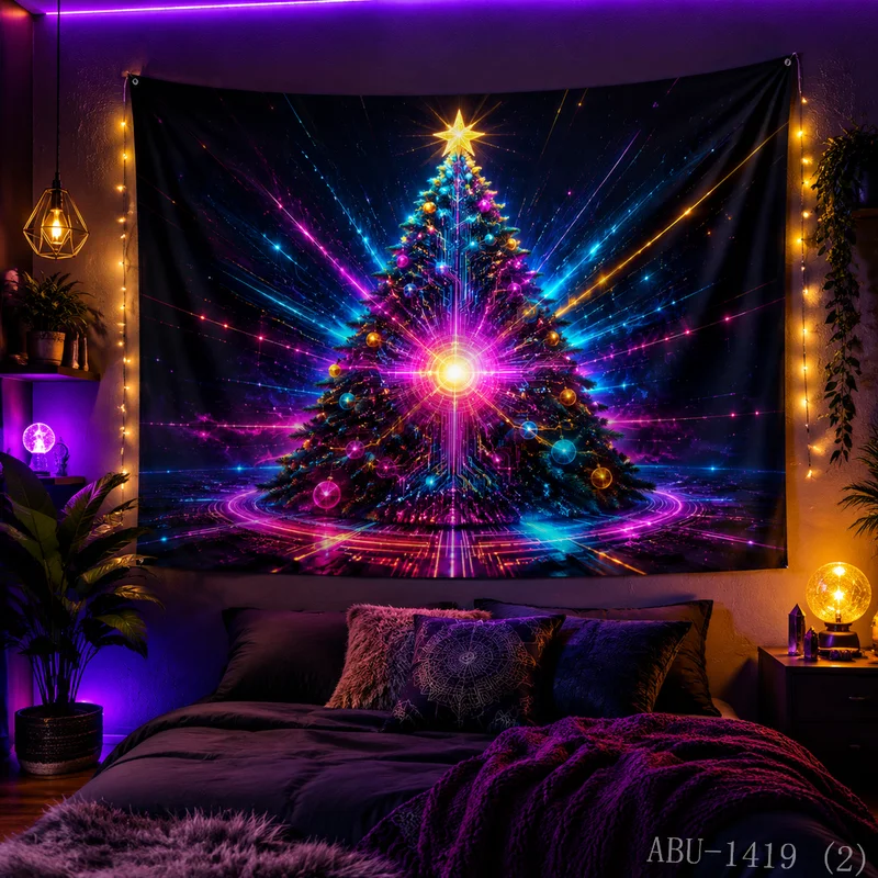 VIKAMA Colorful Crystal Starlight Christmas Tree Gift Box Christmas Tapestry Background Hanging Cloth Living Room Room Decor