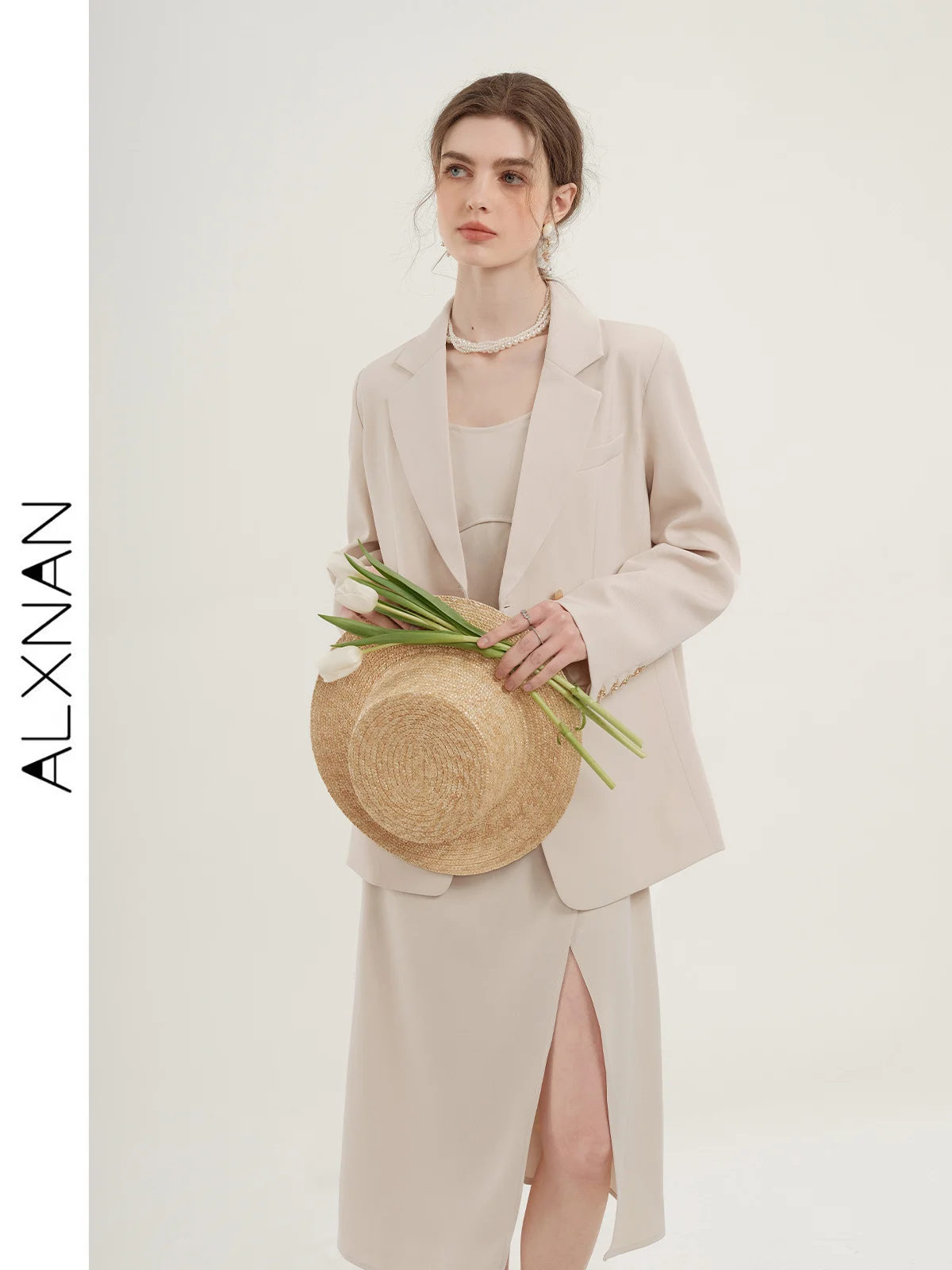 ALXNAN Vrouwen Blazers 2024 Lente Nieuwe Elegante Leisure Solid Lange Mouwen Mode Luxe Loose Fit Jas Dameskleding LXN 287105