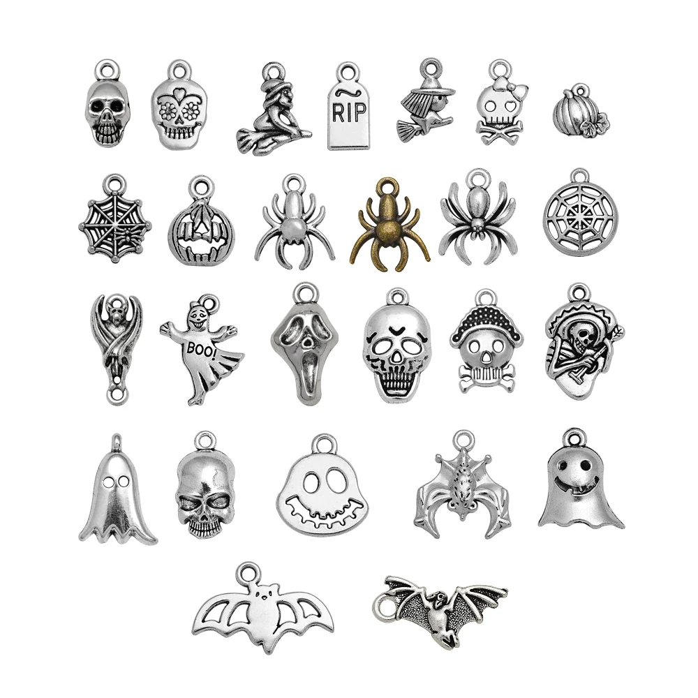 30pcs/lot Antique Witch Wizard Skull Spider Web Bat Boo Charms Halloween Pendant For Diy Jewelry Making Supplies Accessories