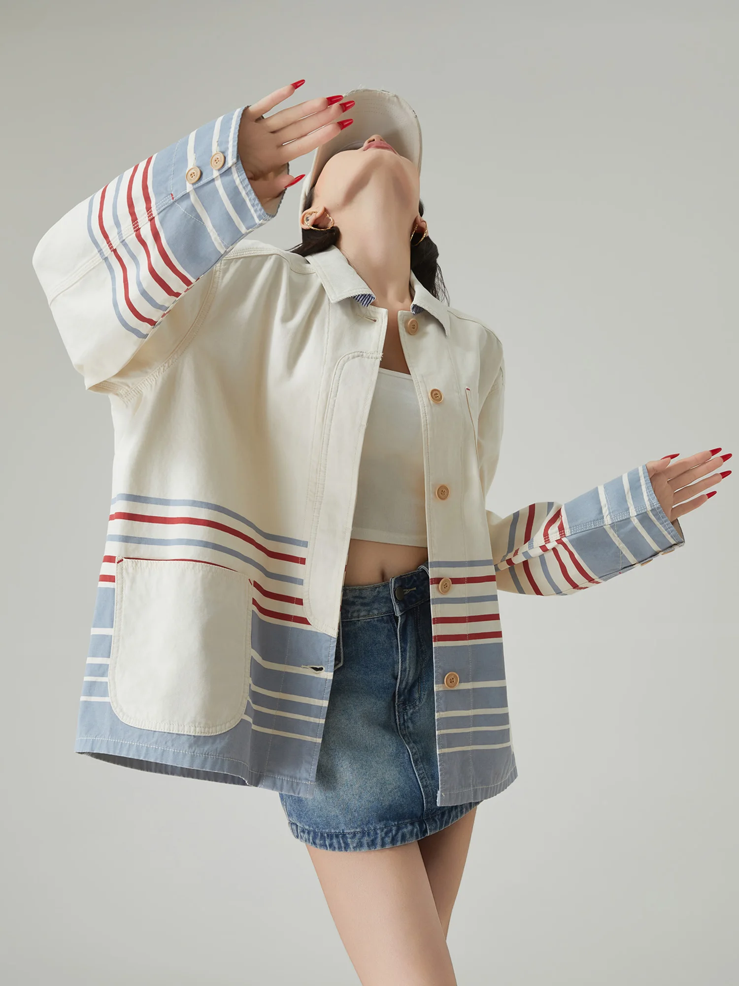 

Nautical Style Loose Fit Women's Jacket Outerwear Stripe Color Block Slimming Top Trendy Polyester Fiber Long Sleeve Coat