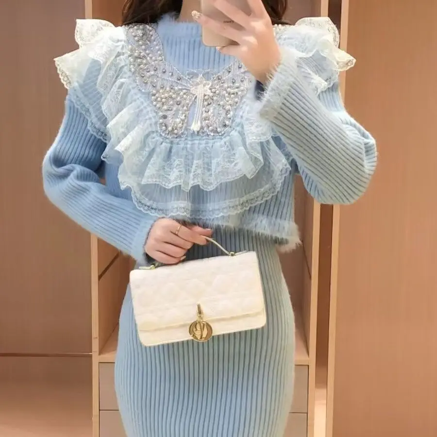 Zestaw sukienki midi na ramiączkach z dzianiny Fashion 2025, bogato zdobiony, dwuczęściowy strój z koralikami i dżetami.
