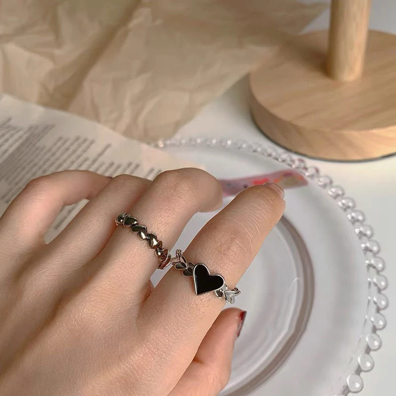 2PCS Vintage Heart Ring Love Finger Rings Set For Women Couples Lovers Girls Party Gift Distressed Black Color Heart Jewelry