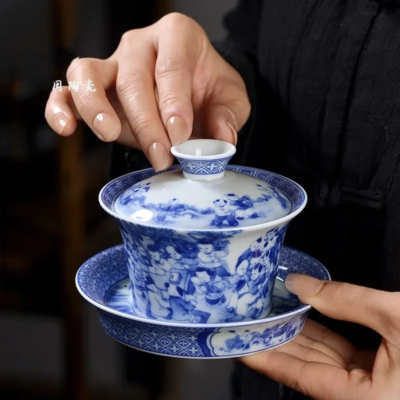 Jingdezhen High-end Baizitu Horseshoe Cover Bowl Is Not Hot Blue and White Teapot Household Ceramic Tea Tray Cover Tea Tableware
