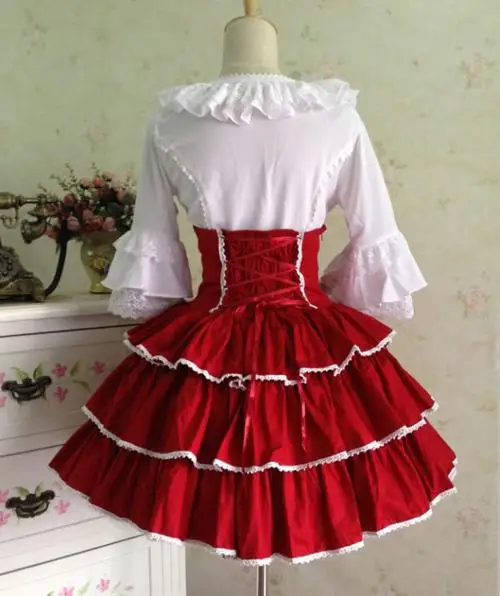 Rococo Lolita SK Skirt Two Tone Ruffles Layered Ribbons Pleated Red Lolita Dresses