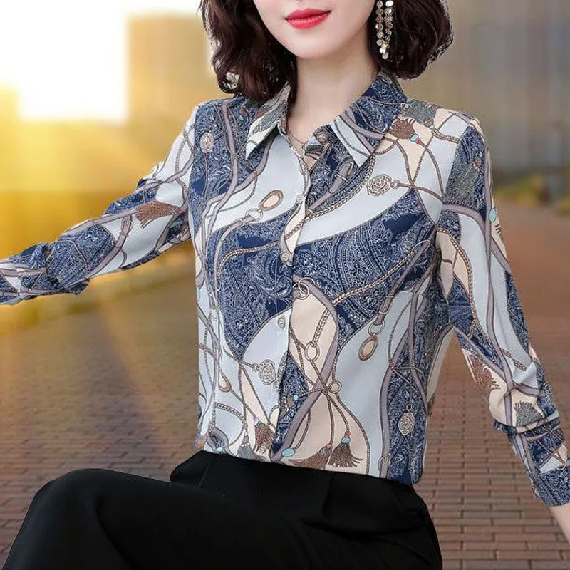 Women Korean Fashion Elegant Print Lapel Button Shirts Spring Autumn Business Casual Office Lady Blouses Female Long Sleeve Tops