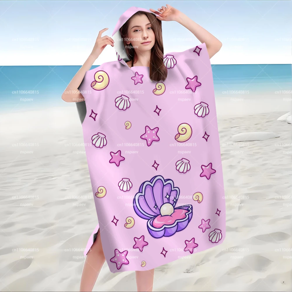Mermaid Pearl Hooded Beach Towel, Cute Starfish Seashell Poncho for Adults Teens, Soft Absorbent Swim Pool Bath Robe