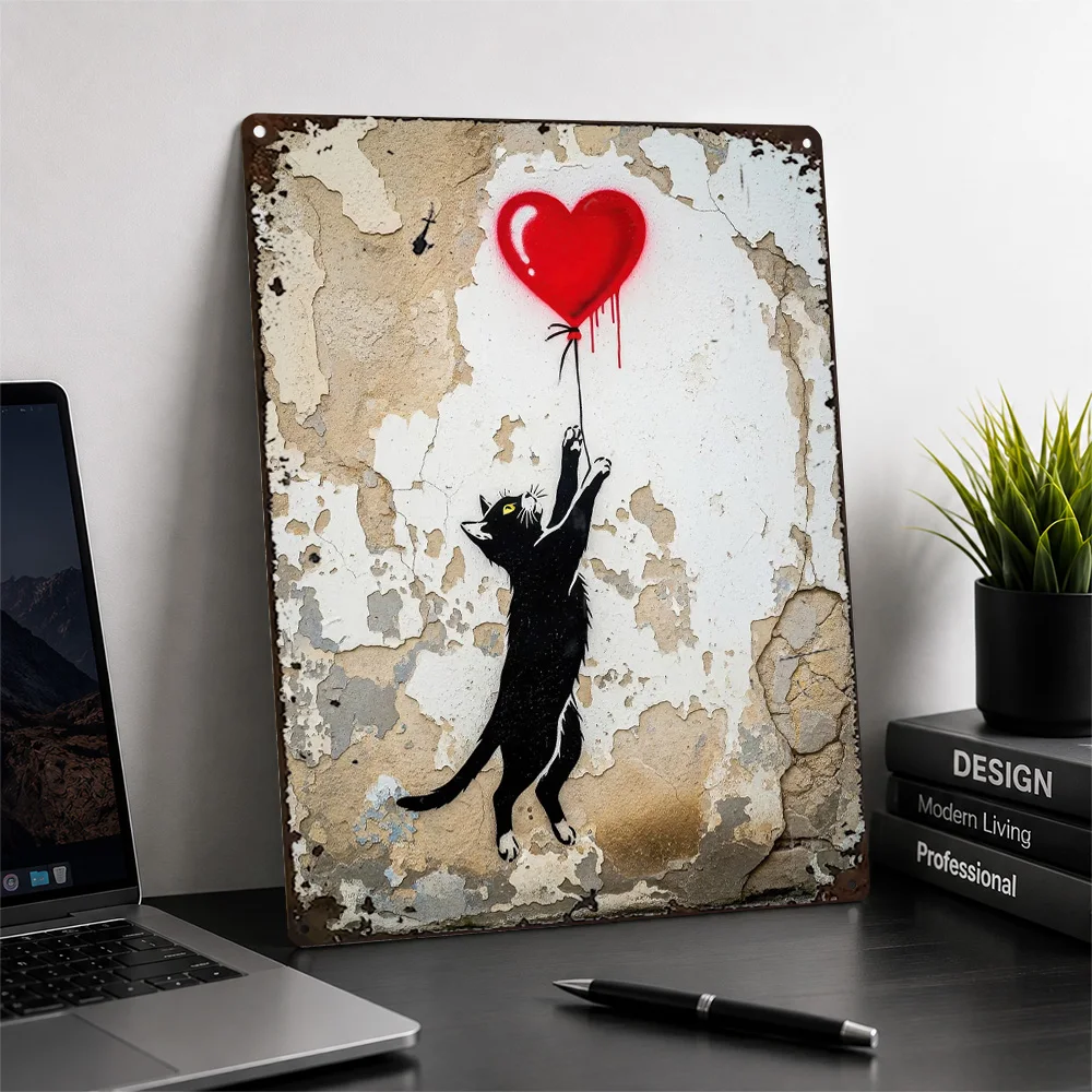 Black Cat With Heart Balloon Printed Poster Stencil Wall Art For Living Room Customized Aluminum Metal Sign Nature Lover Gift
