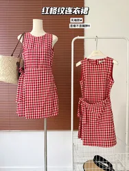 Harajuku Japanese Women A-Line Dress Beach Sleeveless Design Red Plaid Fairy Dress Lace Up O-Neck Prom Gown Streetwear Fashion