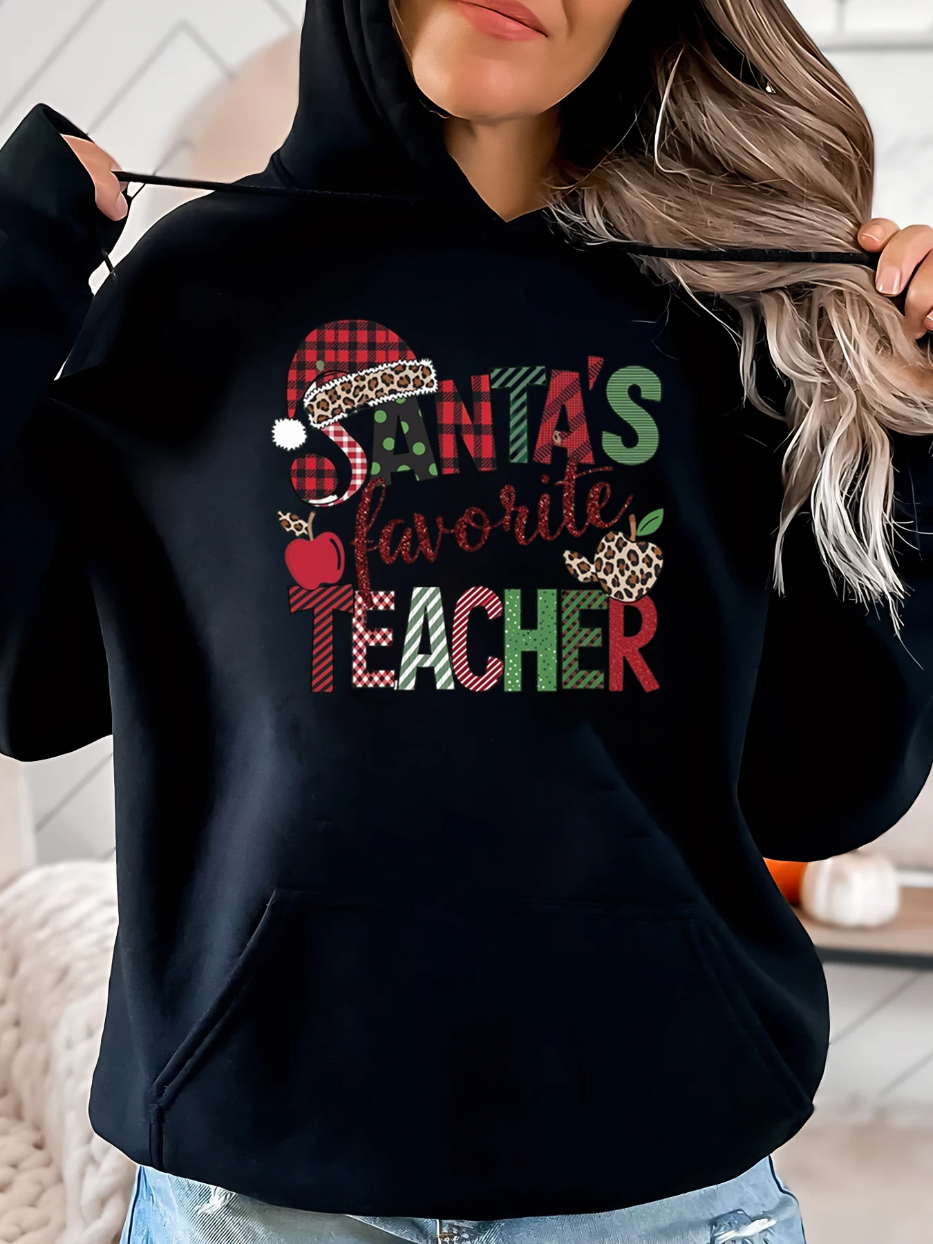 

Рождественская толстовка с капюшоном для любимого учителя Санты для женщин, праздничный подарок, обучающий сезон, черный, больших размеров
