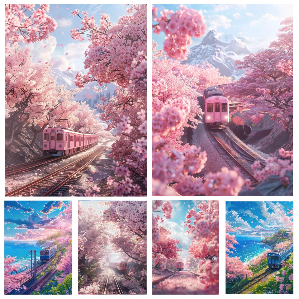 Pittura diamante 5d fantasia Sakura treno diamante pieno mosaico paesaggio ricamo punto croce kit decorazioni per la casa