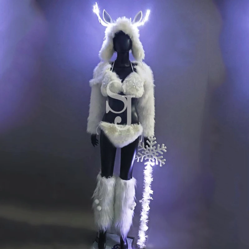 White Feather Set Hat Christmas Gogo Dancer Costume Women Cosplay Festival Outfits Bar Ds Nightclub Stage Dj Rave Wear XS7406