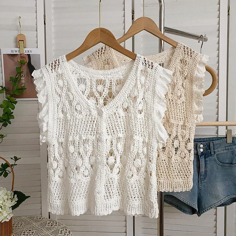 Womens Crochet Top Flying Sleeve Button Front Flower Embroidery Hollow-out Open-knit Cardigan Summer Boho Beach Vacation Wear