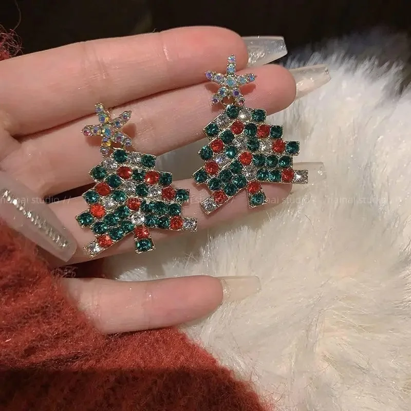 الملونة شجرة عيد الميلاد كريستال الزركون ستار أقراط فضية اللون مسمار استرخى مجوهرات الأزياء النساء هدية حفلة عيد الميلاد #4