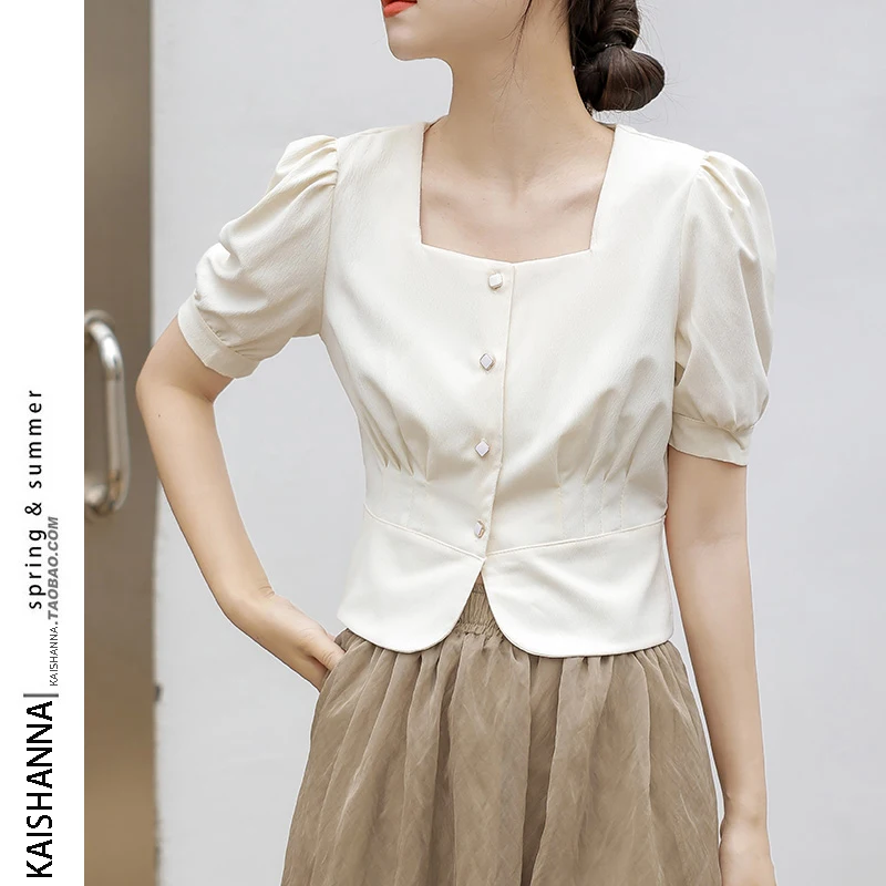 

Дизайнерская женская блузка с квадратным вырезом и рукавами-фонариками, корейский стиль, для офиса и повседневной носки