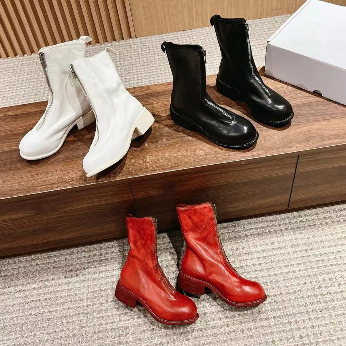 

NIGO Women's Trendy Front Zip Mid Calf Boots Vintage Washed Cowhide Elegant Pleated Derby Heel High 4.5cm 2# #NGSH1393