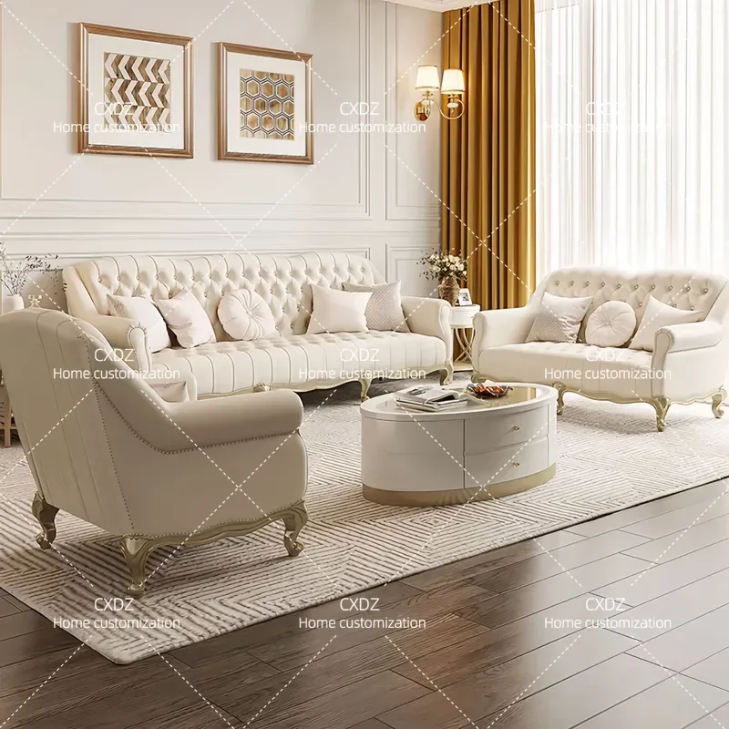American light luxury solid wood leather sofa European living room high-end sofa combination Tourist movement high-end villa