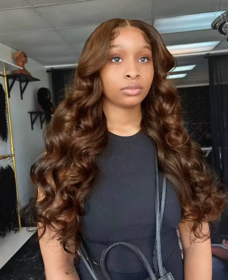 Kleberlose 7X5 Lace-Perücke, vorgeschnitten, 220 Dichte, schokoladenbraun, Body Wave, 100% Echthaar, wellig, nass und gewellt, brasilianisches Echthaar mit 13X6 HD Lace Frontal, vorgezupft. – Detail 10