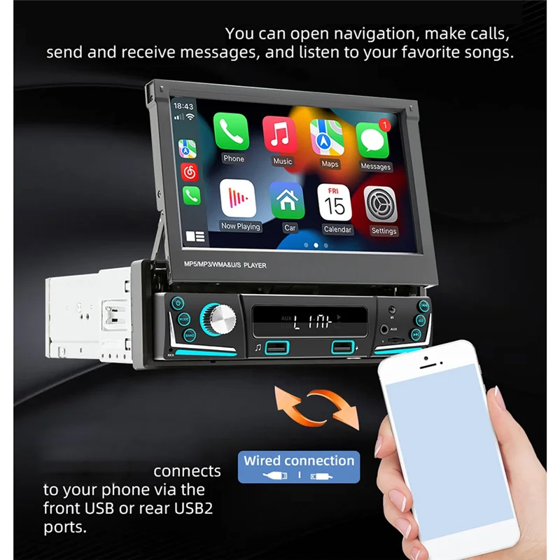 7Inch Car Electric Telescopic Screen Wired CarPlay Android Auto Car Portable Radio Bluetooth MP5 FM Receiver the Host