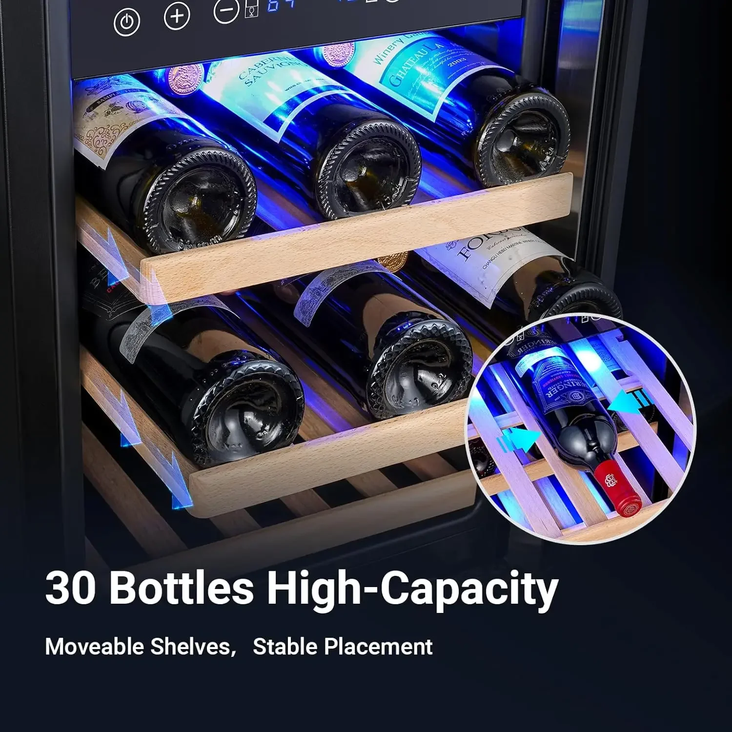 Refrigerador de vinho de 15 polegadas, geladeira de vinho de zona dupla com porta de vidro de camada dupla, refrigerador de vinho com controle de temperatura digital