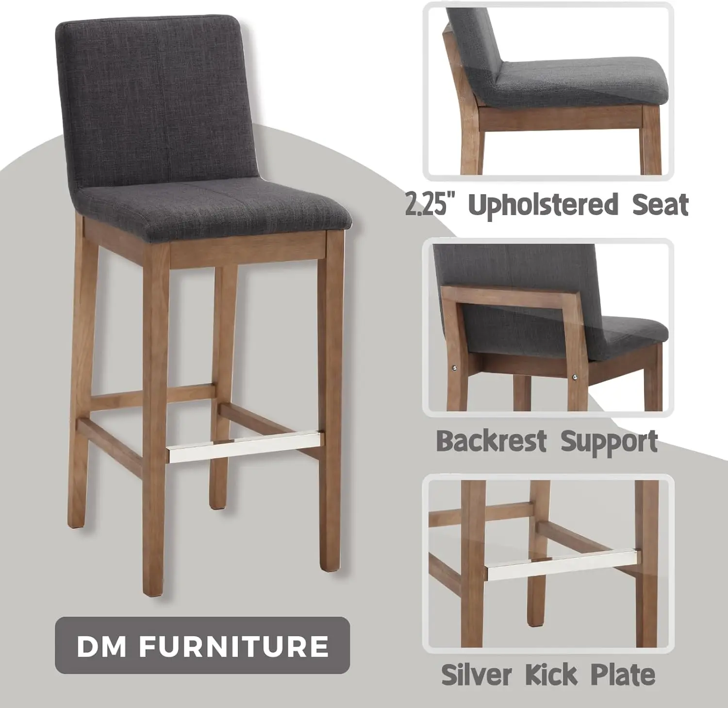 Set di 2 sgabelli da bar imbottiti in lino con schienale, legno massello secolo 30', antracite