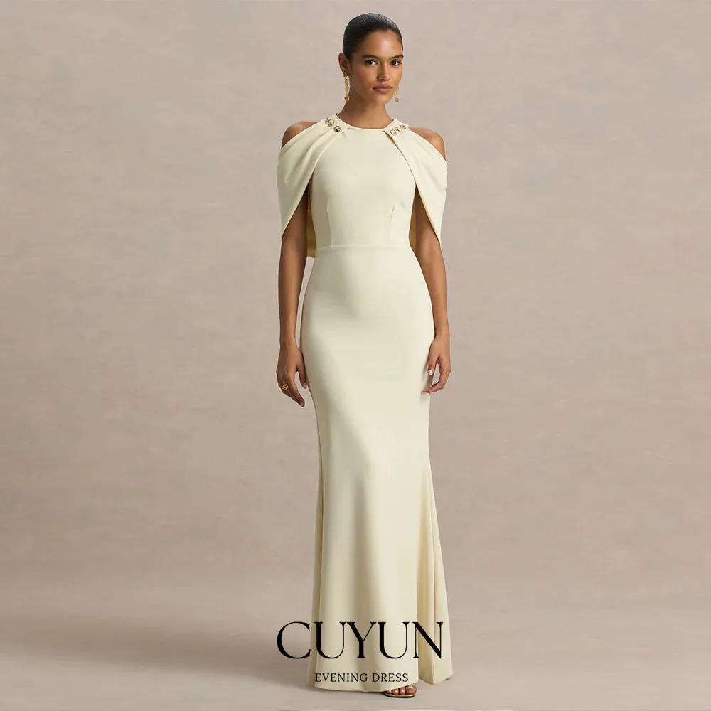 CUYUN Abito da sera formale personalizzato O-Collo Maniche a mantella Abito da festa lungo fino al pavimento Abito da sera elegante stile scialle da donna