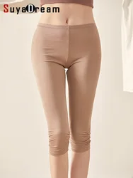 Suyadream mulheres leggings de malha de seda natural 3/4 comprimento calças finas anti esvaziado bottoms preto khkai