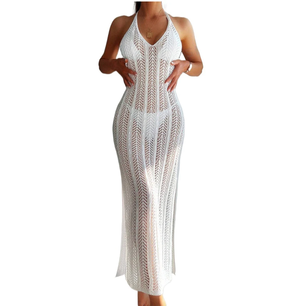 2025 Summer New Fashion Resort Casual Dresses Swimming Backless Halter Cover-up with Belt Music Festival Hollow Half V Neck