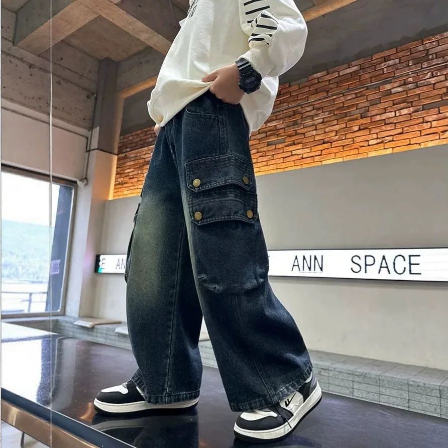 Kids Autumn Baggy Cargo Jeans for Teens Boy Loose Fit Denim Pants with Side Big Pocket Tweens Child Fashion Jeans Trousers