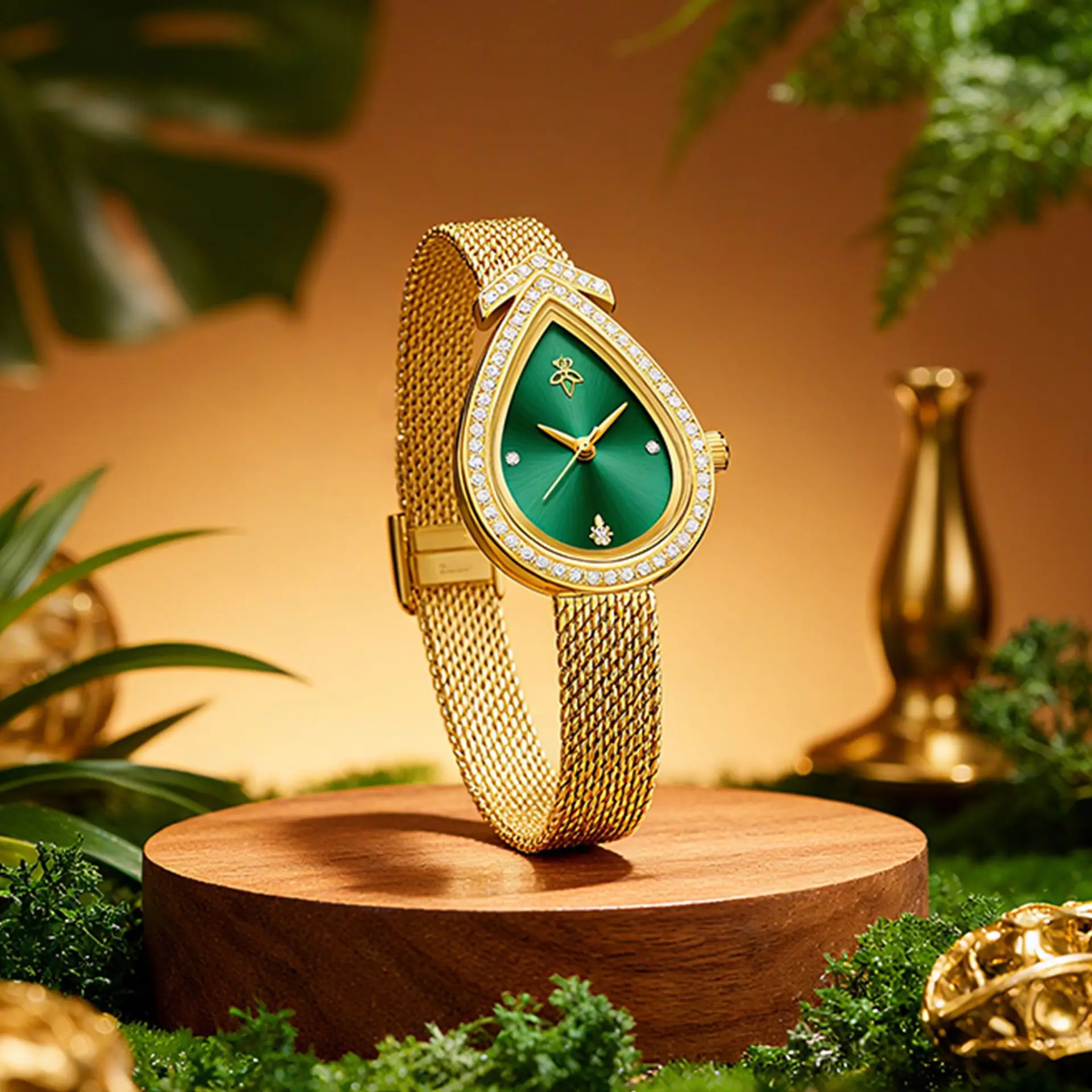 ساعة نسائية أنيقة على شكل دمعة، ساعة كوارتز بتقويم بحزام شبكي ذهبي، إكسسوارات ساعات نسائية فاخرة خفيفة #2