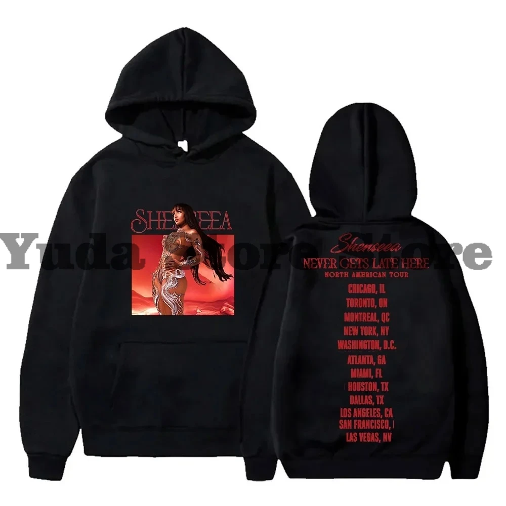 Shenseea Never Gets Late Here Tour Merch Hoodie Unisex Long Sleeve Streetwear Women Men Hooded Sweatshirts